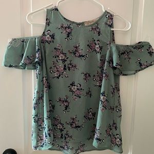 REWIND cold shoulder blue green floral blouse